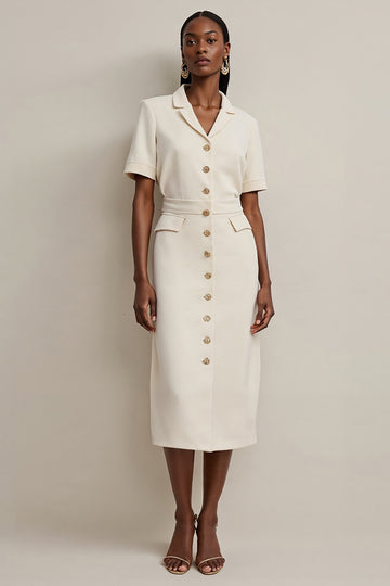 Sheath Ivory Notched Lapel Single Breasted Work Dress